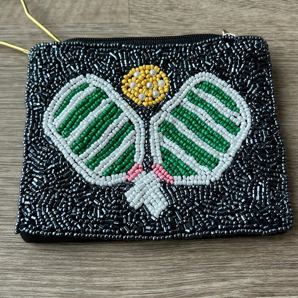 Pickleball Beaded Coin Purse Blue Zipper Pouch Paddles Green White Keychain